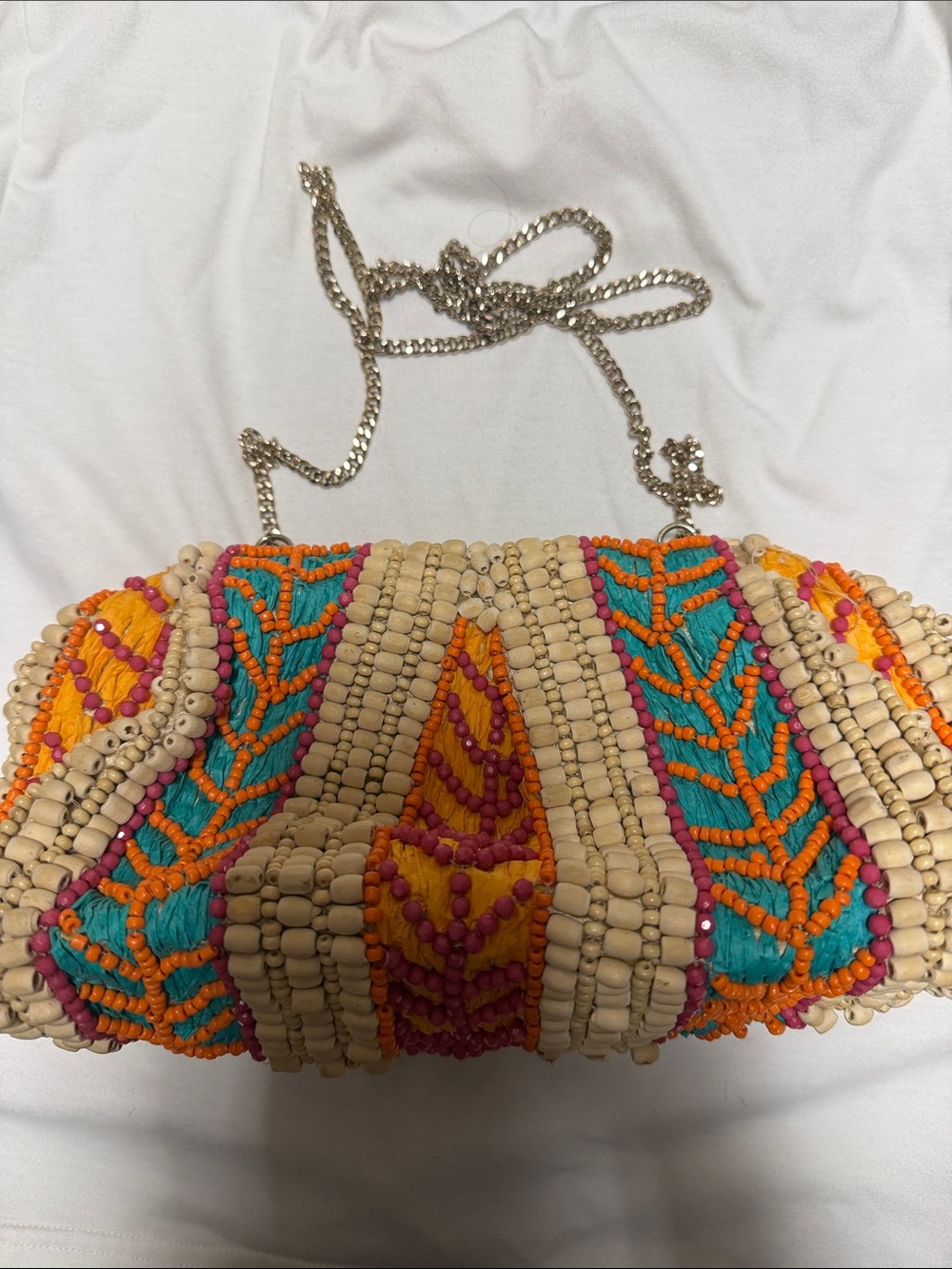 Beautiful boho Beaded Clutch in Natural with Turquoise & Orange Accents